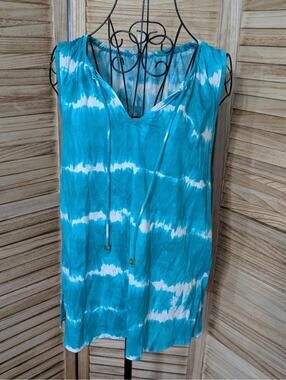 Orig $99 - Michael Kors Top L Turquoise Tie Dye Sleeveless Tie Shirt